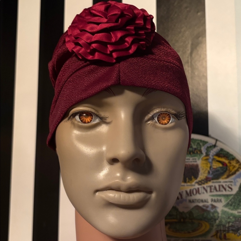 Vintage 1970s Burgundy Turban with Floral Accent - Picture 14 of 15